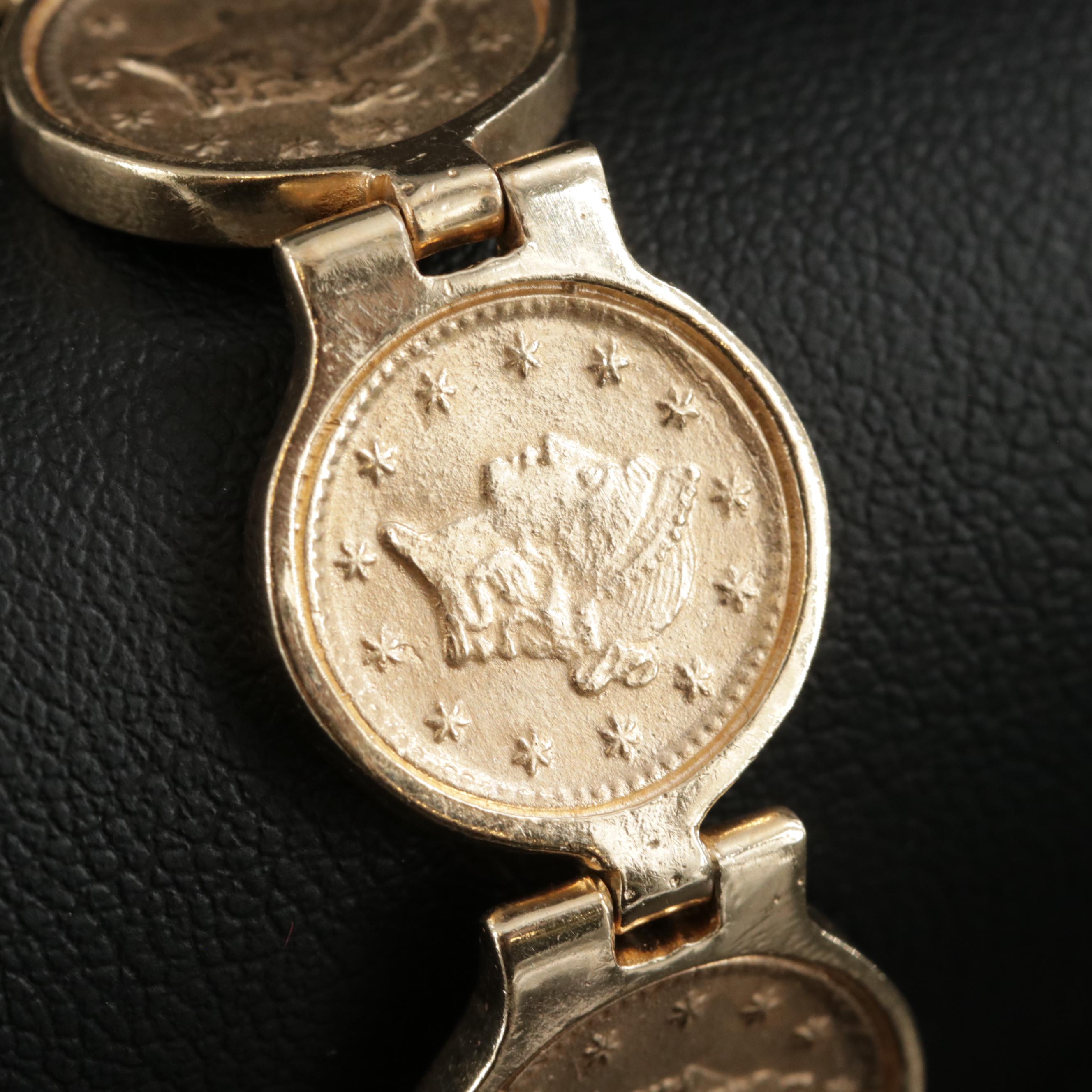 14K Yellow Gold Bracelet with Replica 1853 $1 Liberty Gold Coins