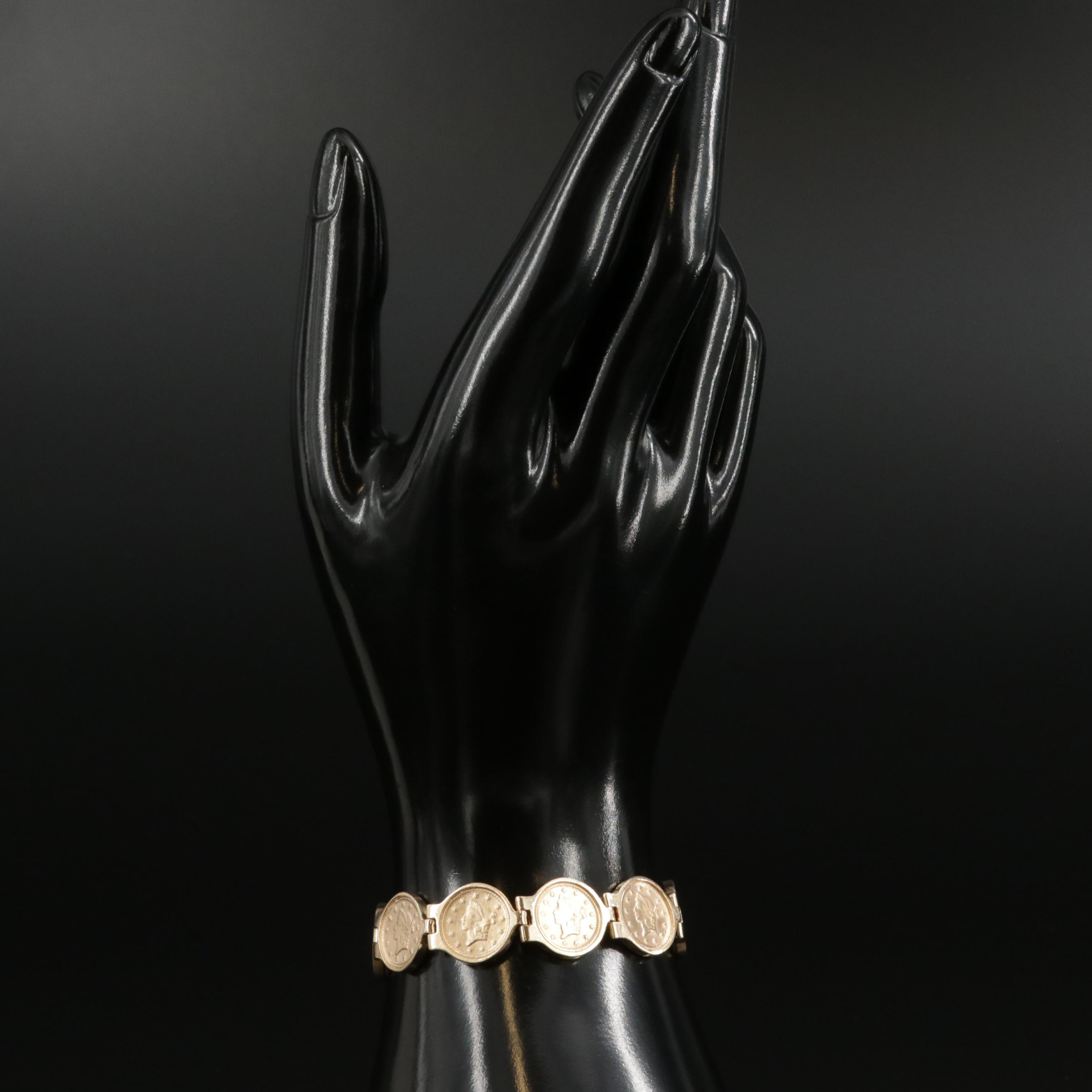 14K Yellow Gold Bracelet with Replica 1853 $1 Liberty Gold Coins