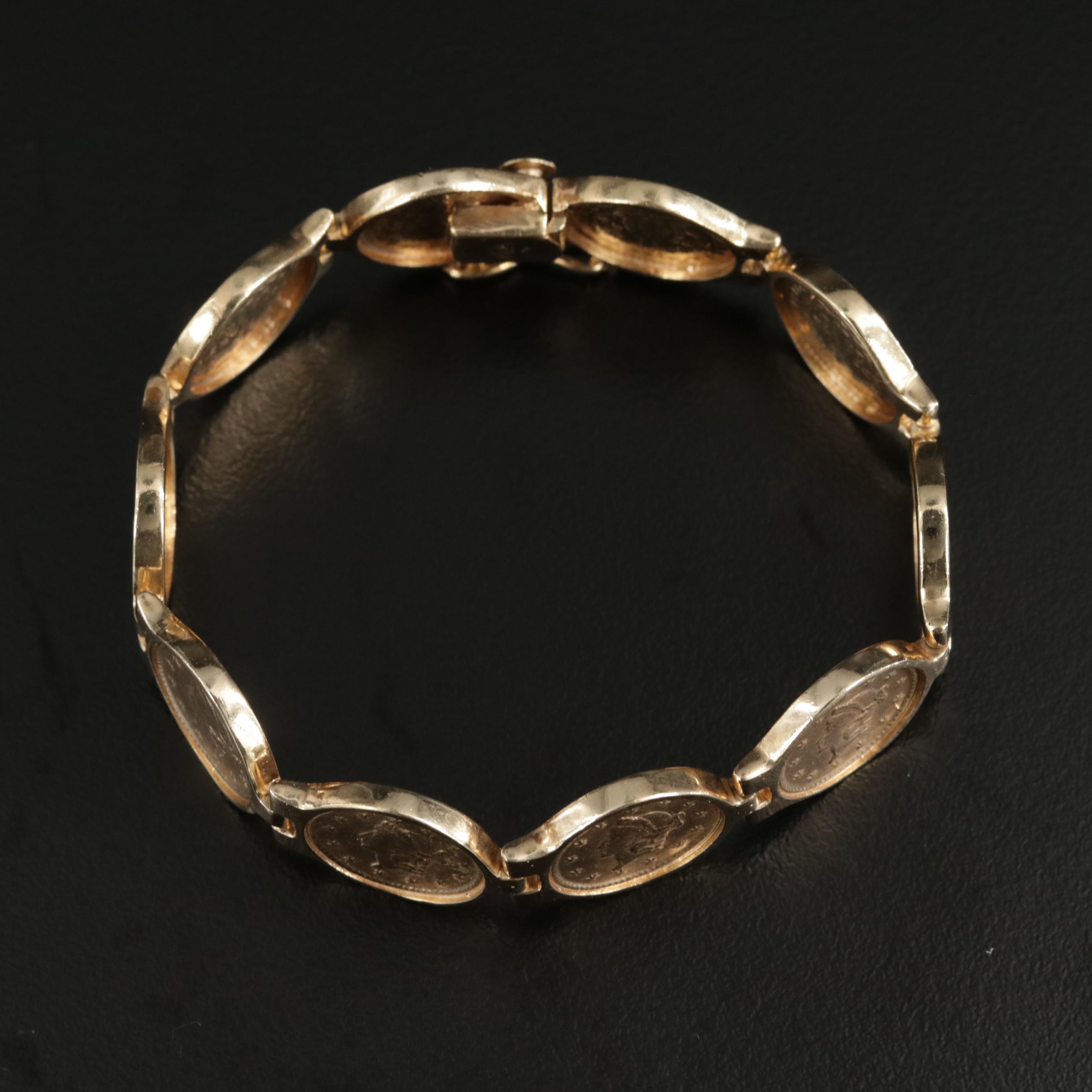 14K Yellow Gold Bracelet with Replica 1853 $1 Liberty Gold Coins