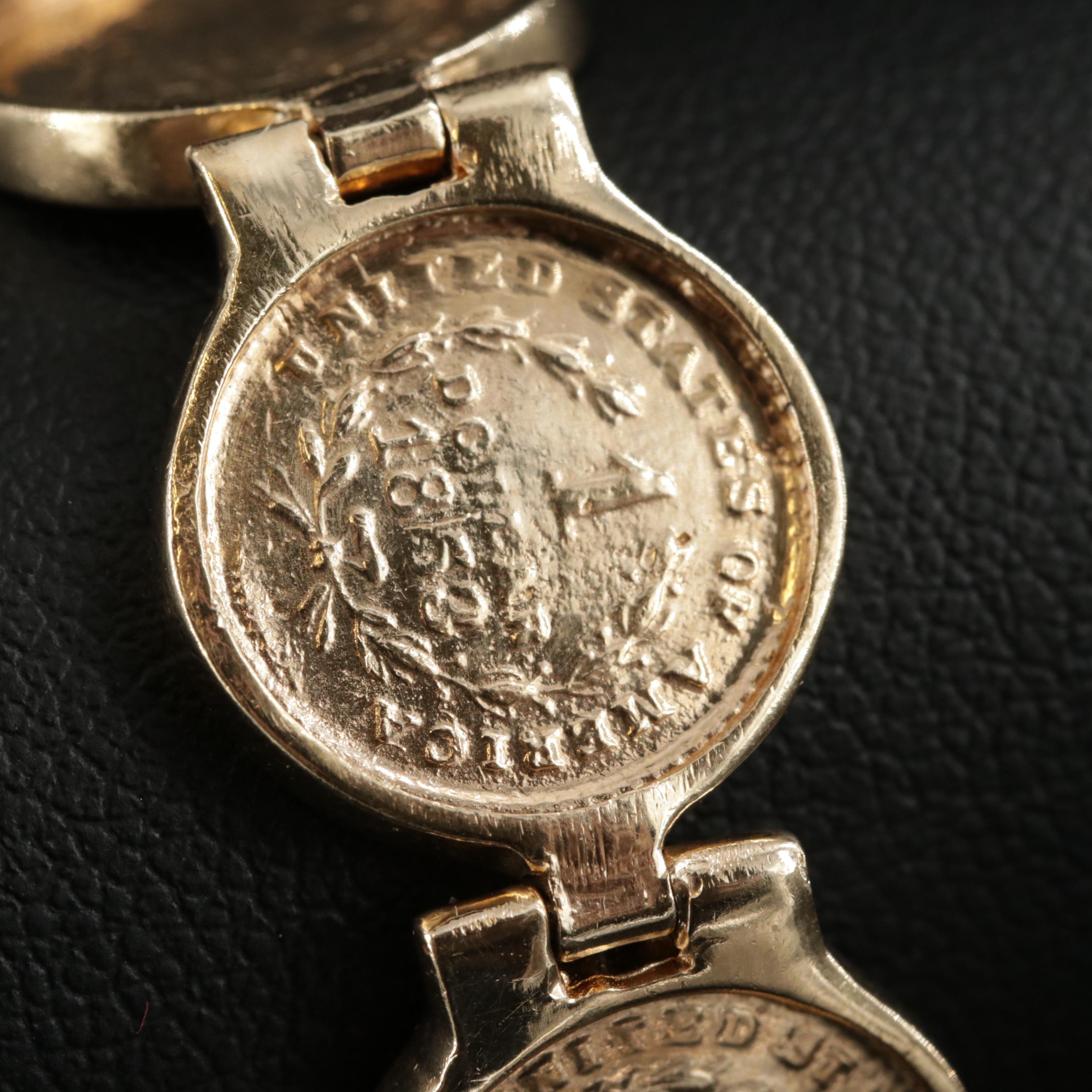 14K Yellow Gold Bracelet with Replica 1853 $1 Liberty Gold Coins