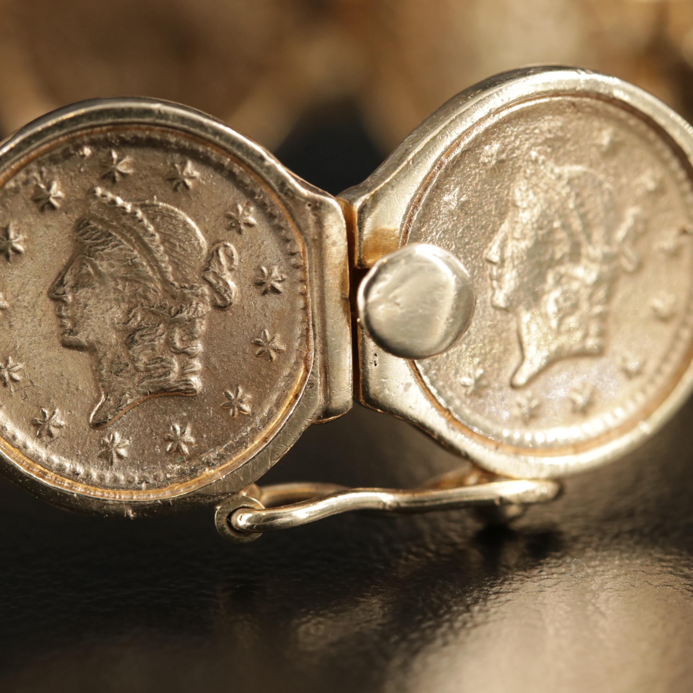 14K Yellow Gold Bracelet with Replica 1853 $1 Liberty Gold Coins