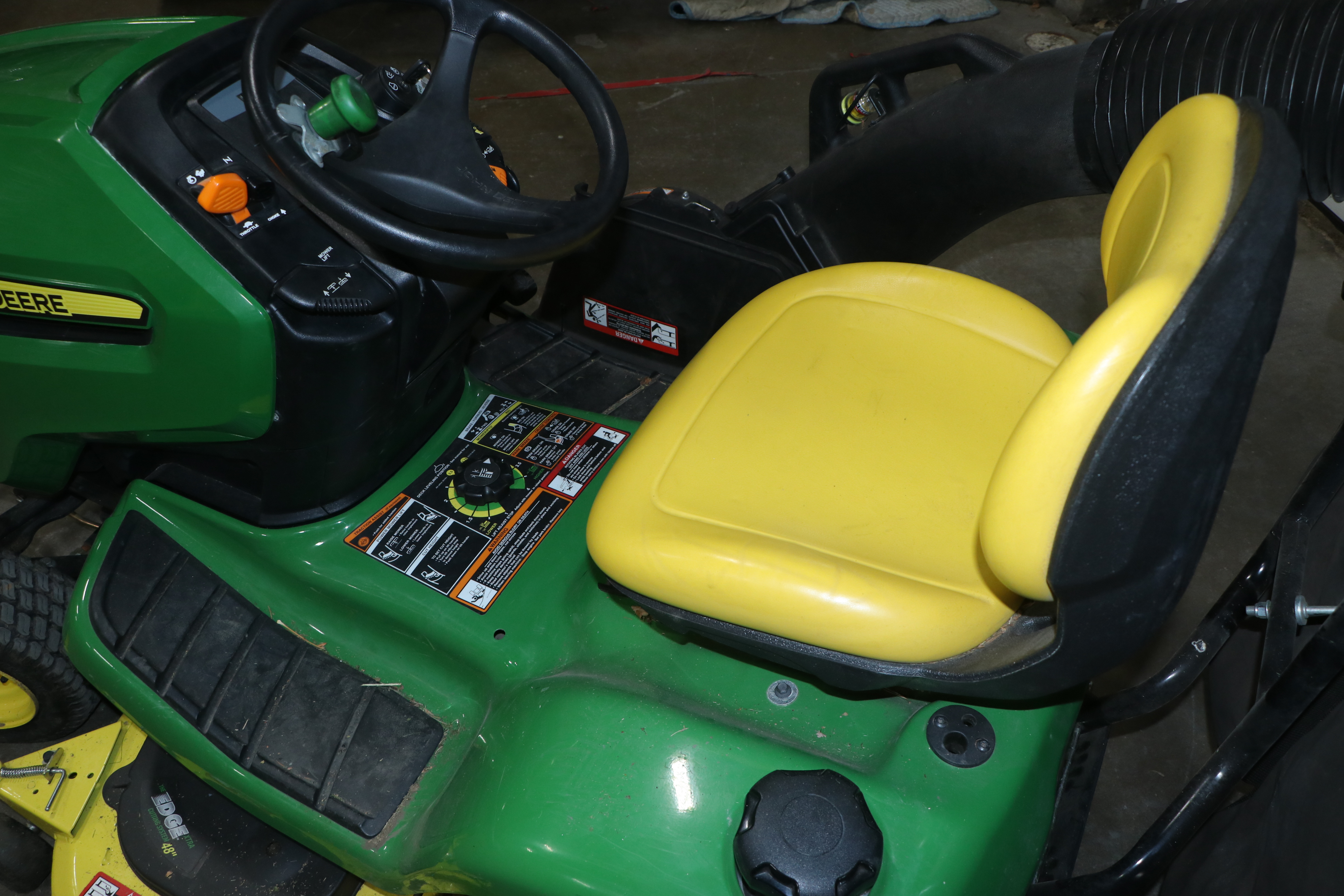 2015 John Deere X360 Tractor with 48" Deck, 7 Bushel Bagger, Low Hours