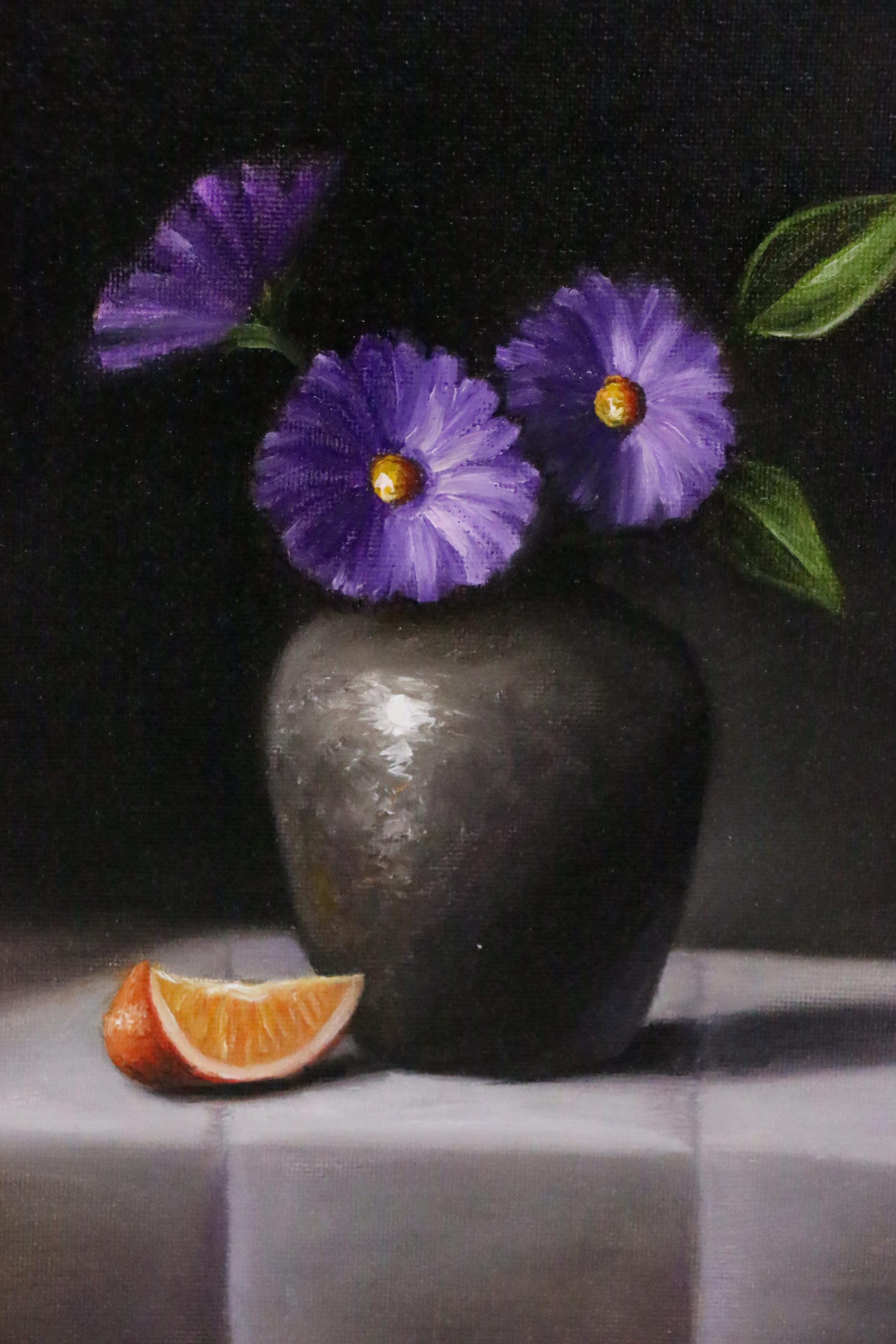 Houra H. Alghizzi Oil Painting"Purple Flowers in Black Vase"