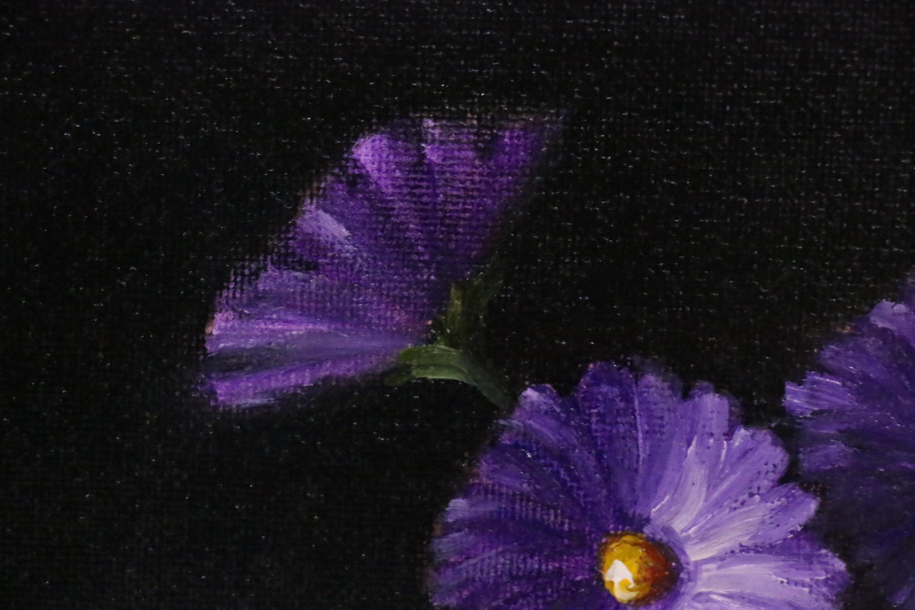 Houra H. Alghizzi Oil Painting"Purple Flowers in Black Vase"