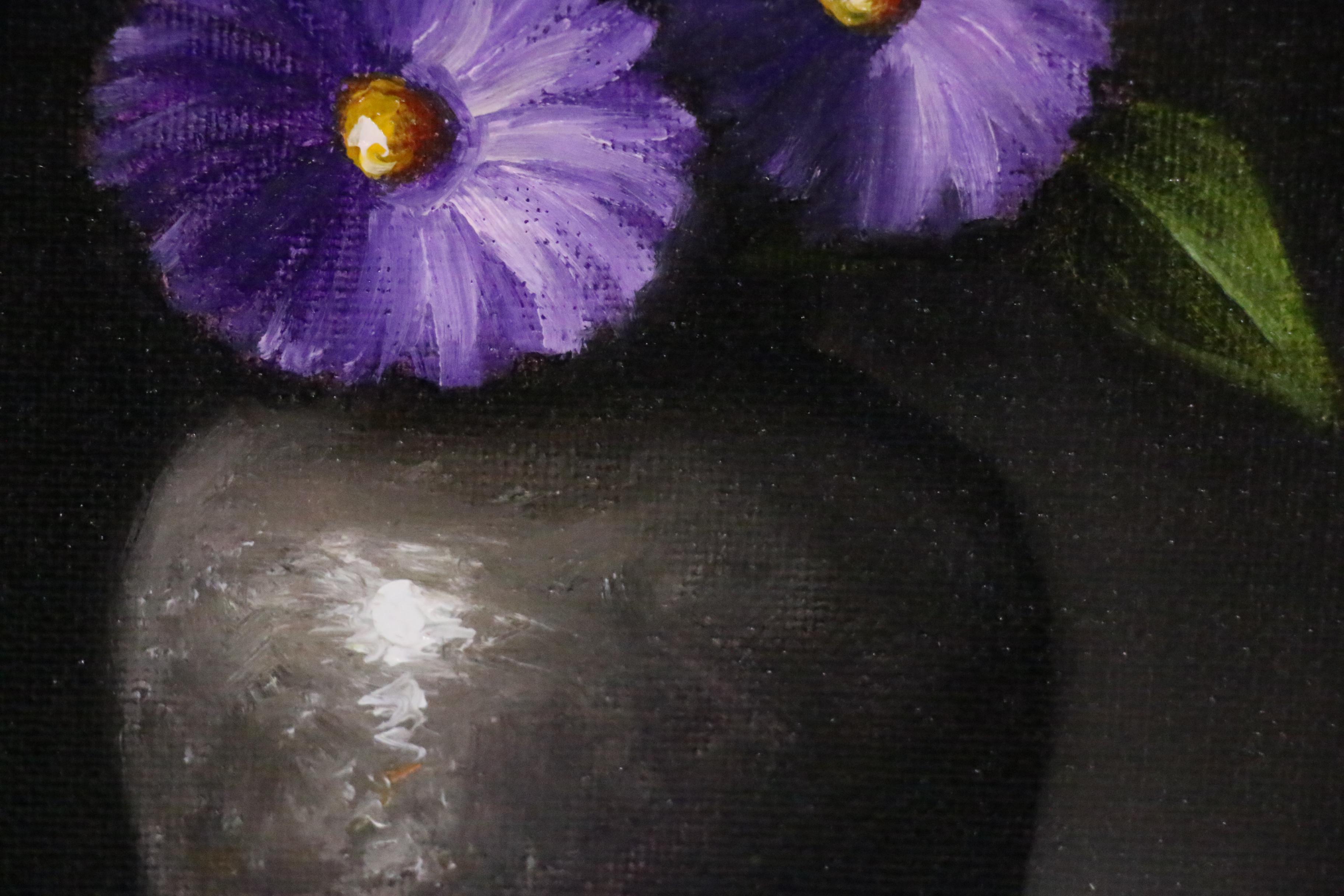 Houra H. Alghizzi Oil Painting"Purple Flowers in Black Vase"