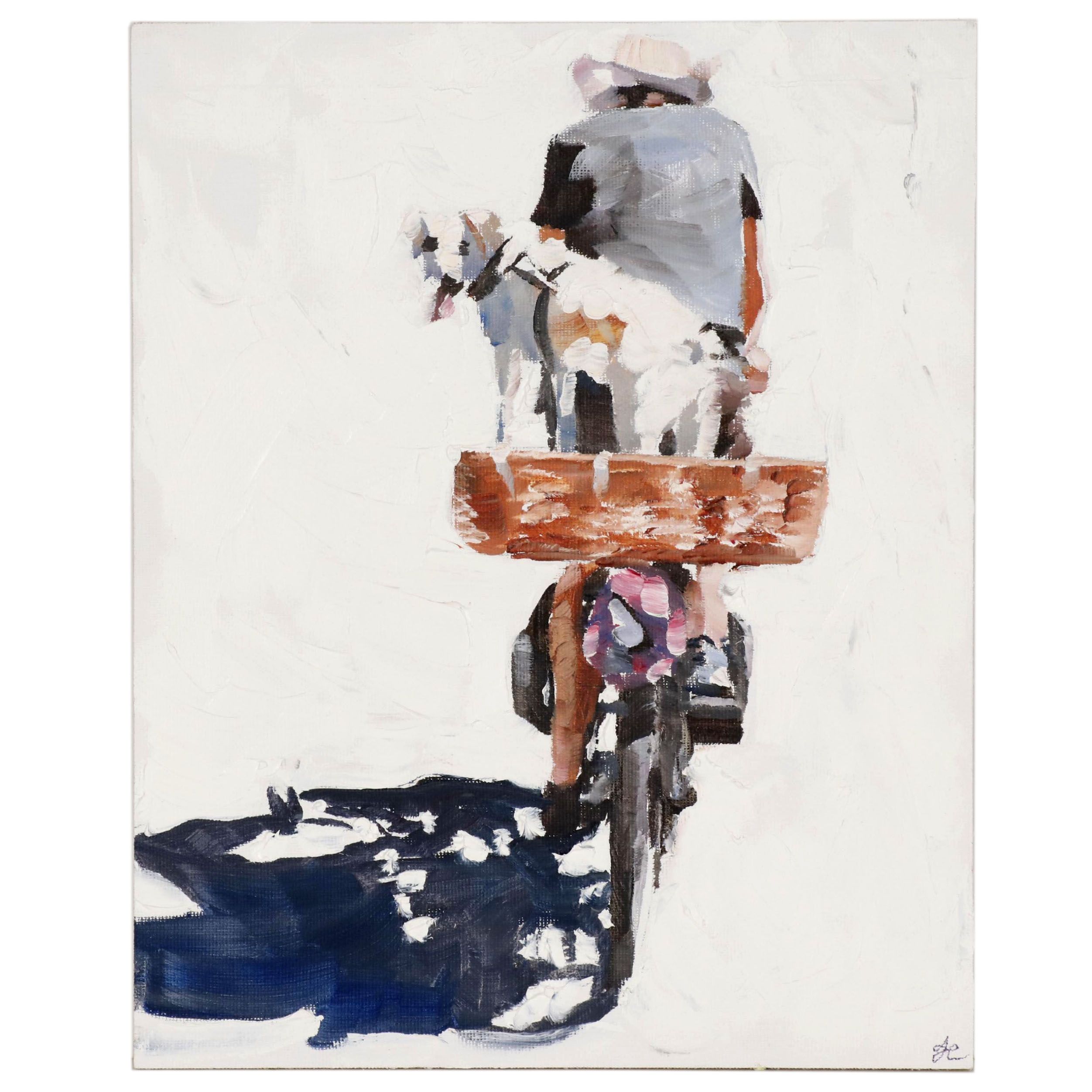 James Coates Oil Painting of Cyclist with Dog