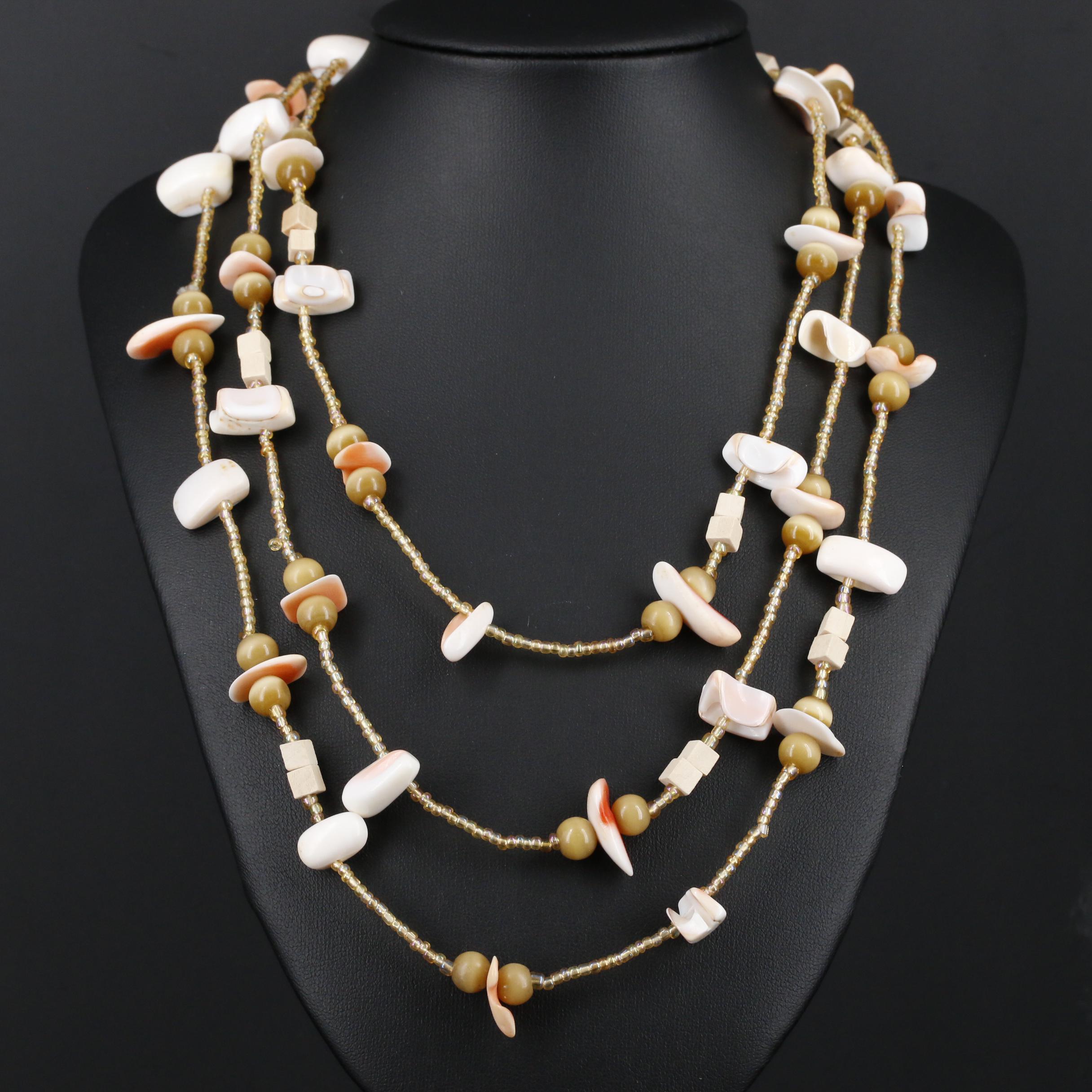 Endless Shell, Glass and Wood Beaded Necklace