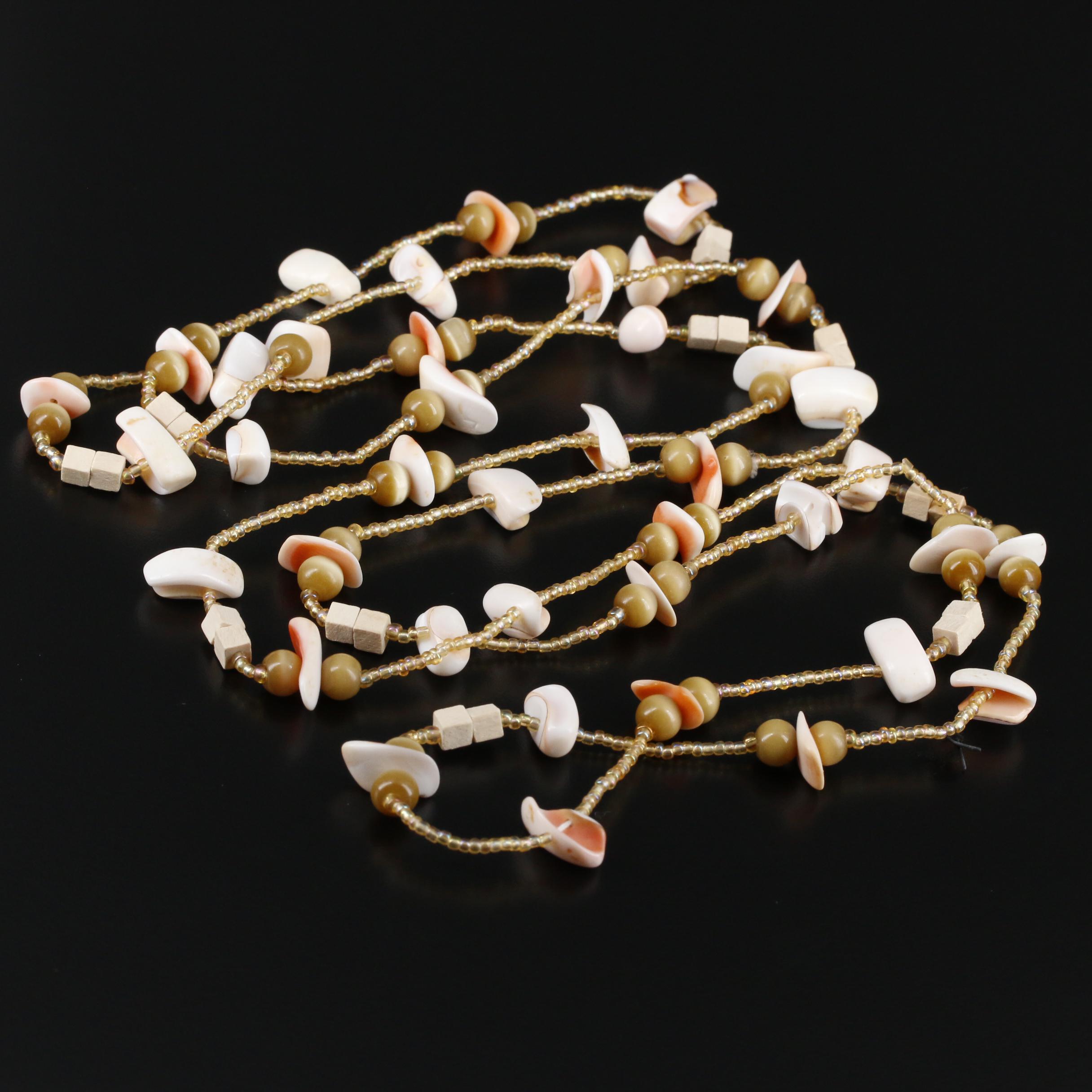 Endless Shell, Glass and Wood Beaded Necklace