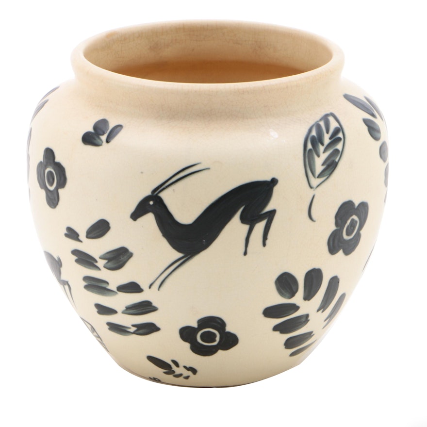 Weller Pottery "Cretone" Ivory Glaze Vase with Gazelles and Flowers, 1930–1932