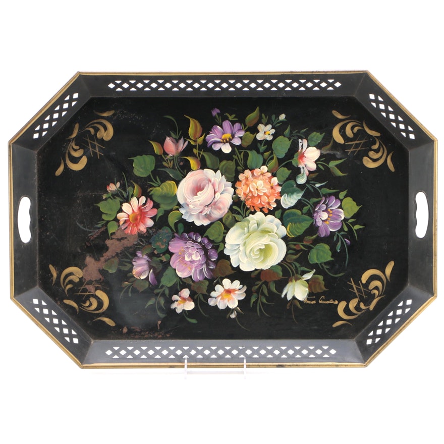 "Nashco" Hand-Painted Toleware Floral Serving Tray with Handles, circa 1950s