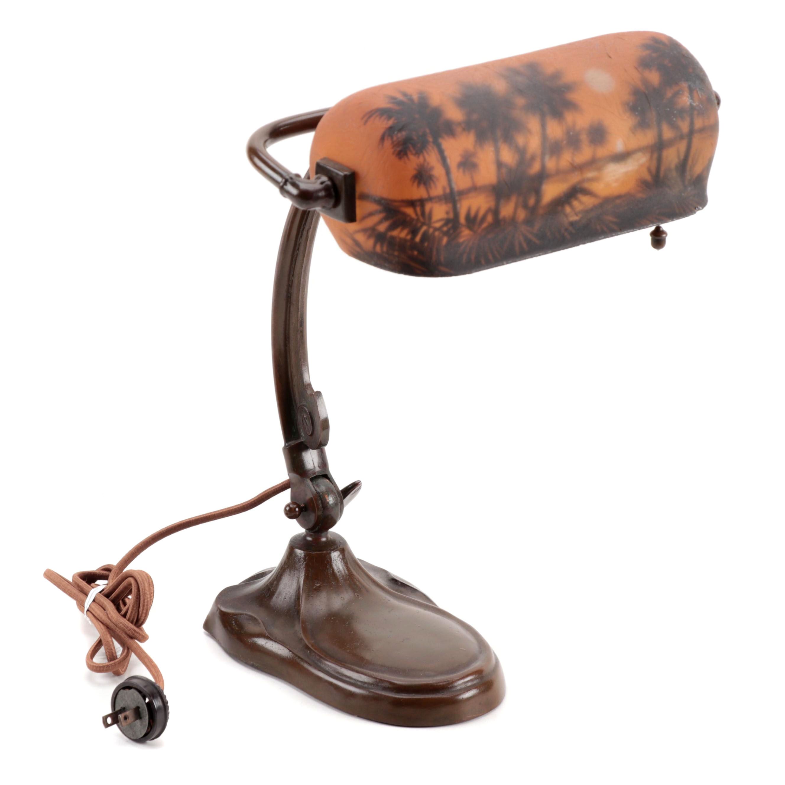 Handel Bronzed Metal Adjustable Desk Lamp with Reverse Painted Glass Shade