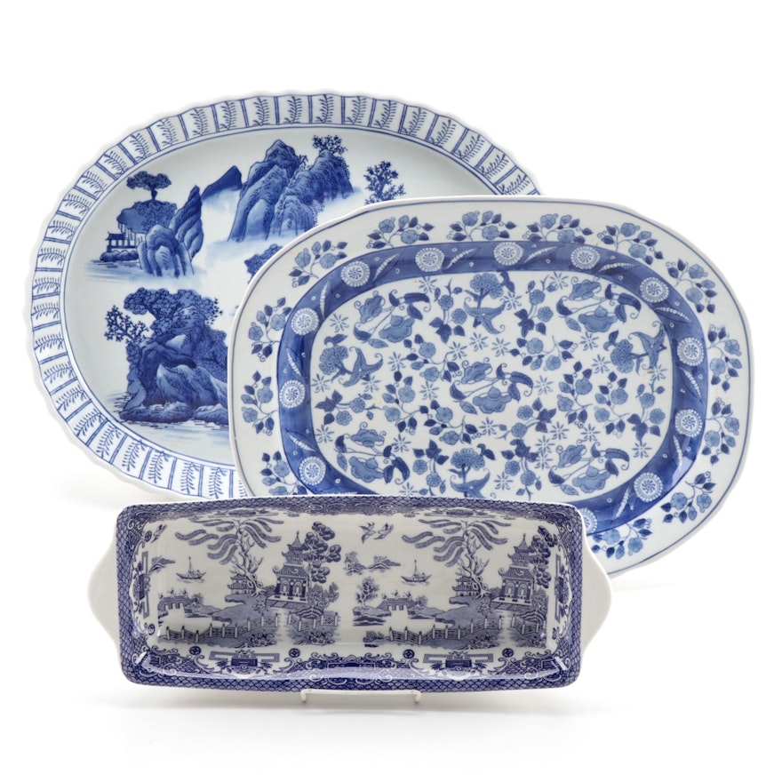 Blue and White Platter and Baking Dish with Regal "Blue Willow" Bread Dish