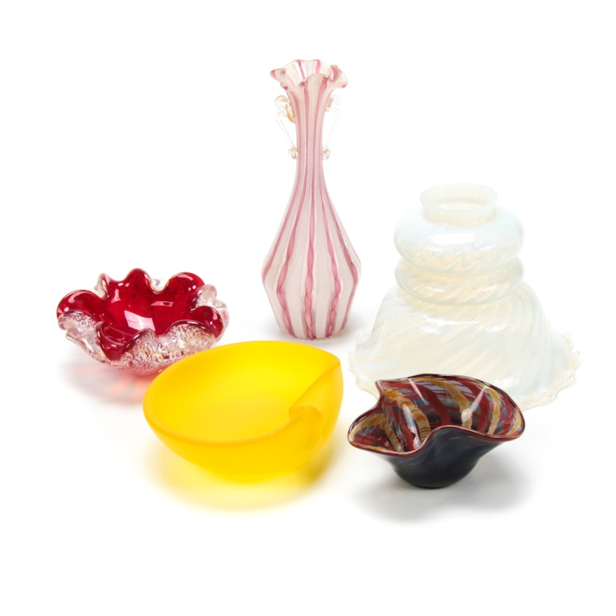 Blown Glass Bowls, Opaline Lampshade, and Murano Style Vase