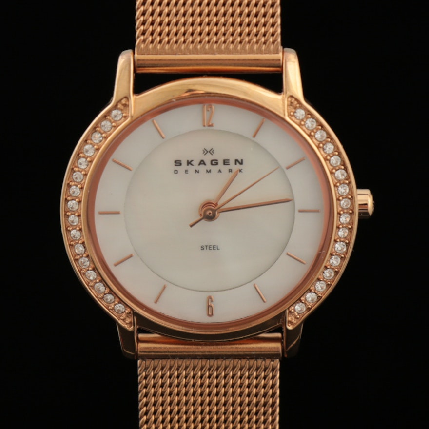 Skagen Rose Gold Tone Stainless Steel Wristwatch with Rhinestone Bezel