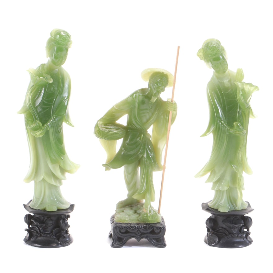 East Asian Faux Jade Resin Guanyin and Elder Statues