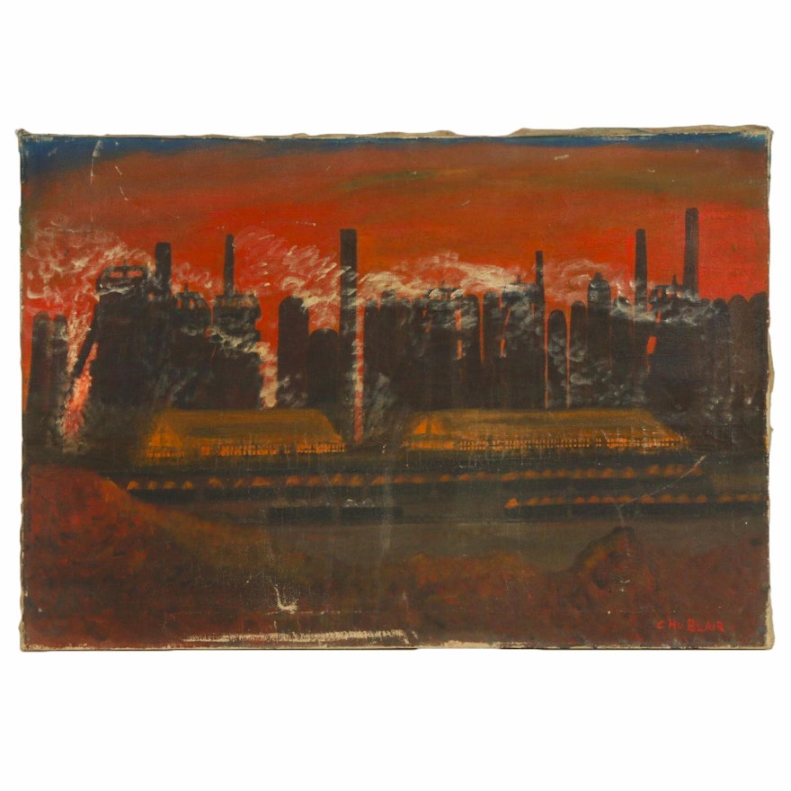 Cityscape at Dusk Oil Painting, Mid to Late 20th Century