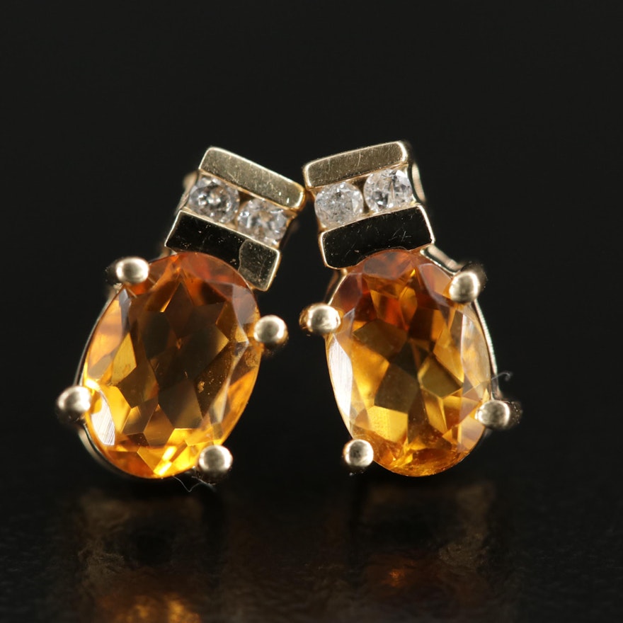 14K Gold Citrine and Diamond Stud Earrings