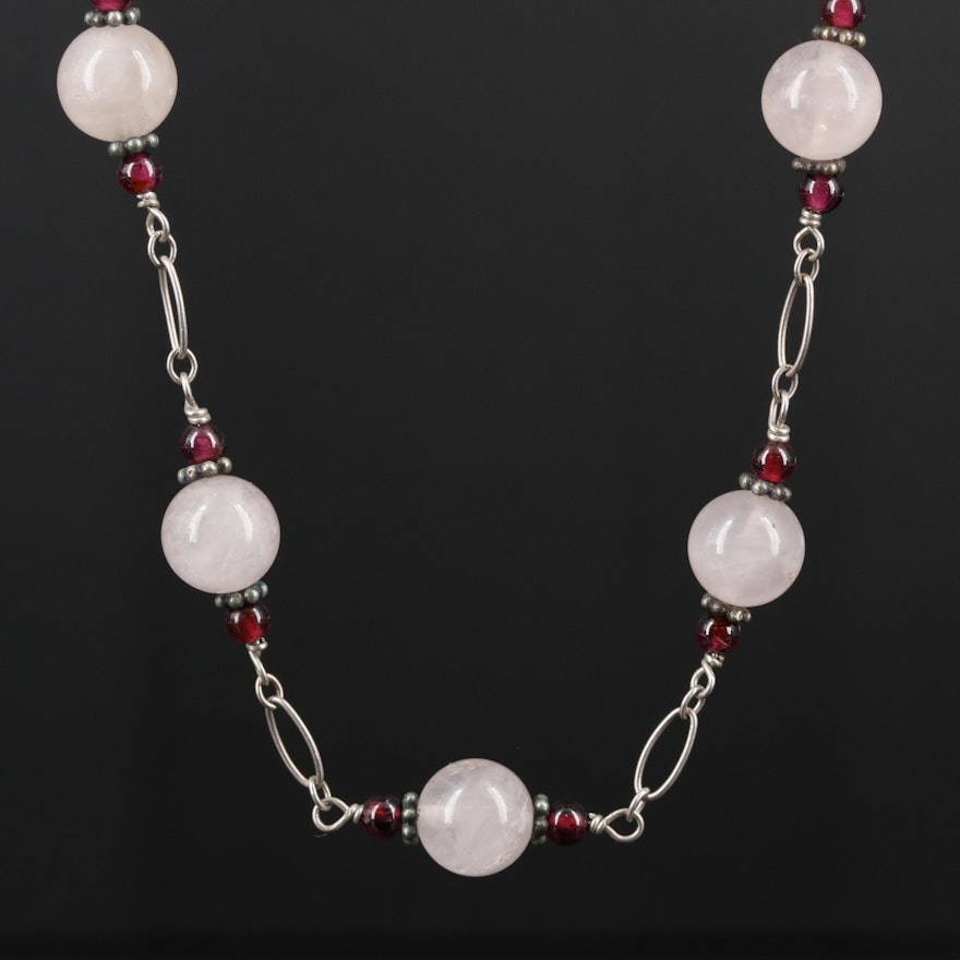 Sterling Silver Rose Quartz and Rhodolite Garnet Beaded Necklace