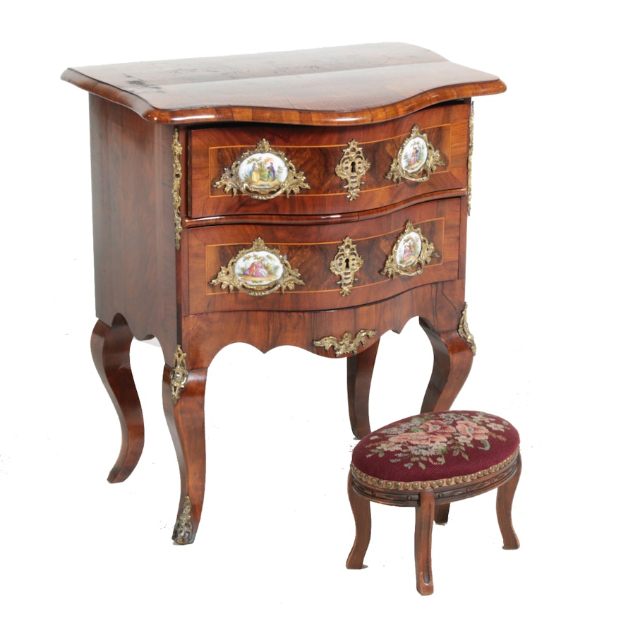 Louis XV Style Walnut & Burl Walnut Table en Chiffonier and Needlework Footstool