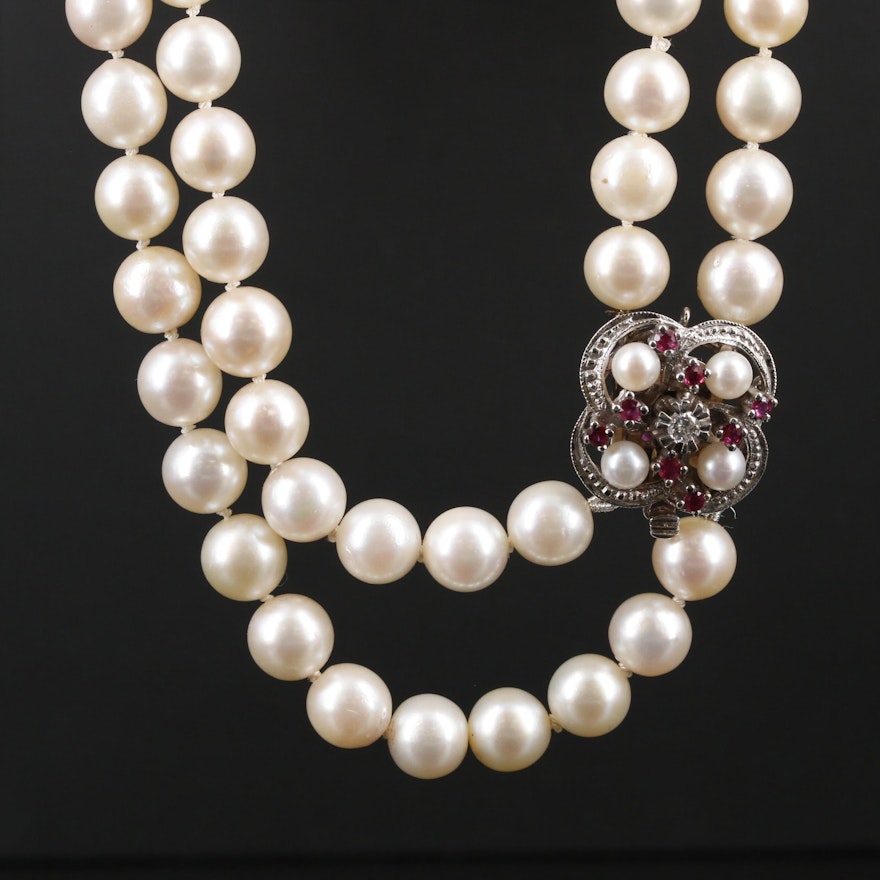 14K Gold Pearl, Ruby and Diamond Double Strand Necklace