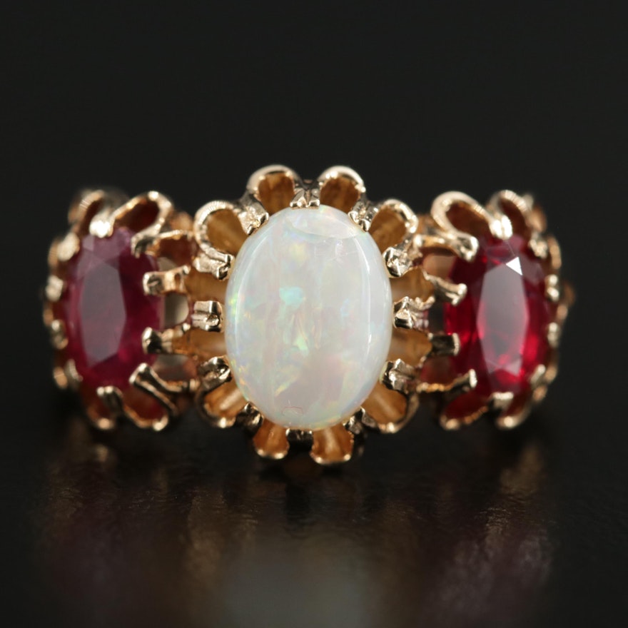 Antique Style 9K Yellow Gold Opal and Ruby Buttercup Ring