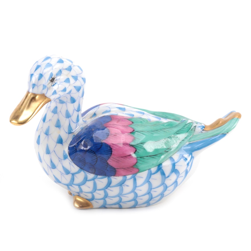 Herend Blue Fishnet with Gold "Duck" Porcelain Figurine, May 1993