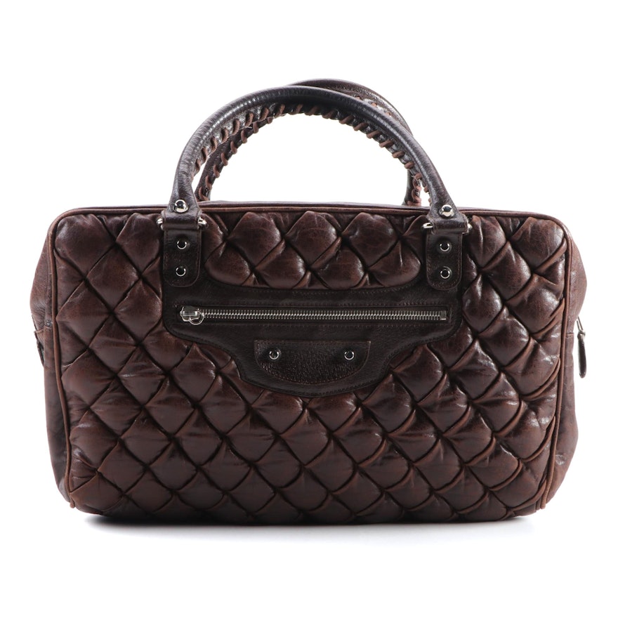 Balenciaga Padded Brown Leather Tote with Whipstitch Handles