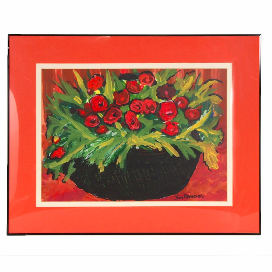 Jeny Reynolds Modernist Still Life Oil Painting "Red Flowers in Straw Basket"