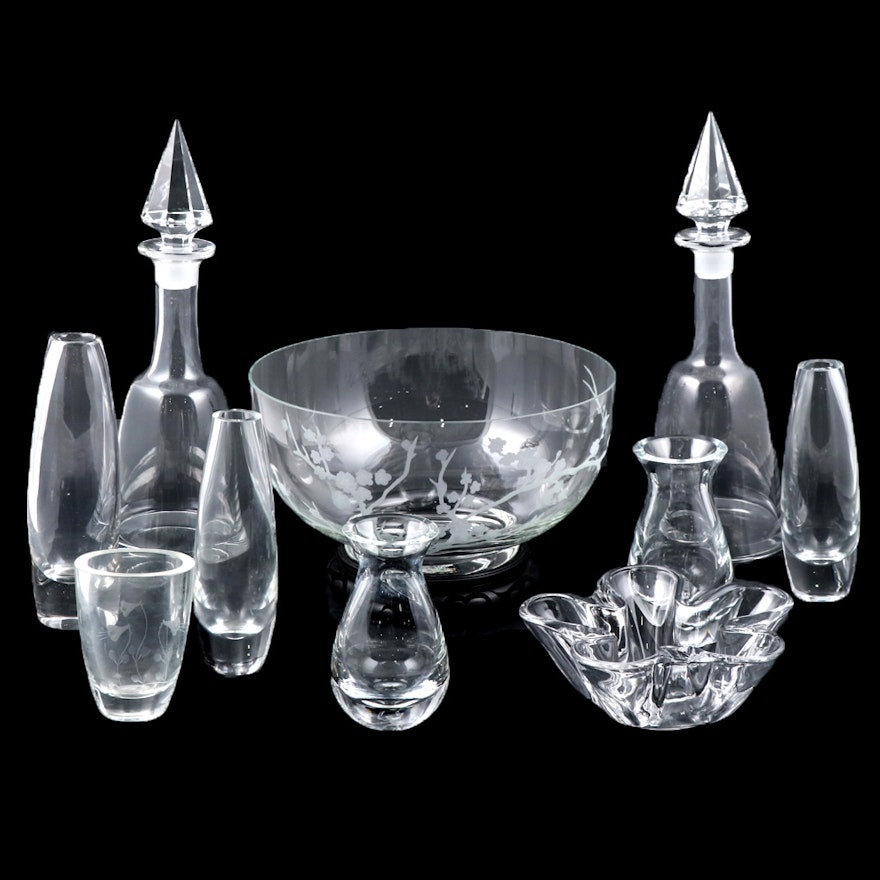 Blown and Etched Glass Decanters, Bowls and Bud Vases