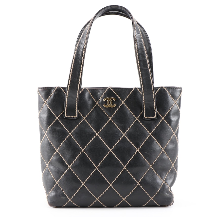 Chanel Small Surpiqué Tote Bag in Black Quilted Leather with Contrast Stitching