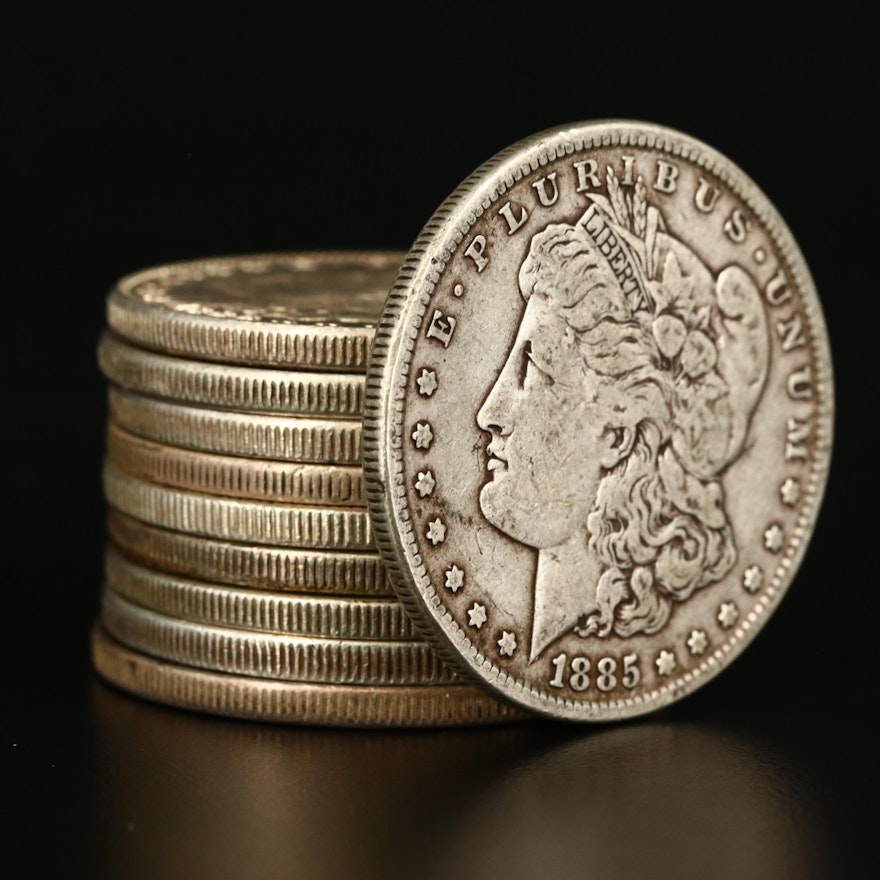 Ten Morgan Silver Dollars, 1879 to 1902