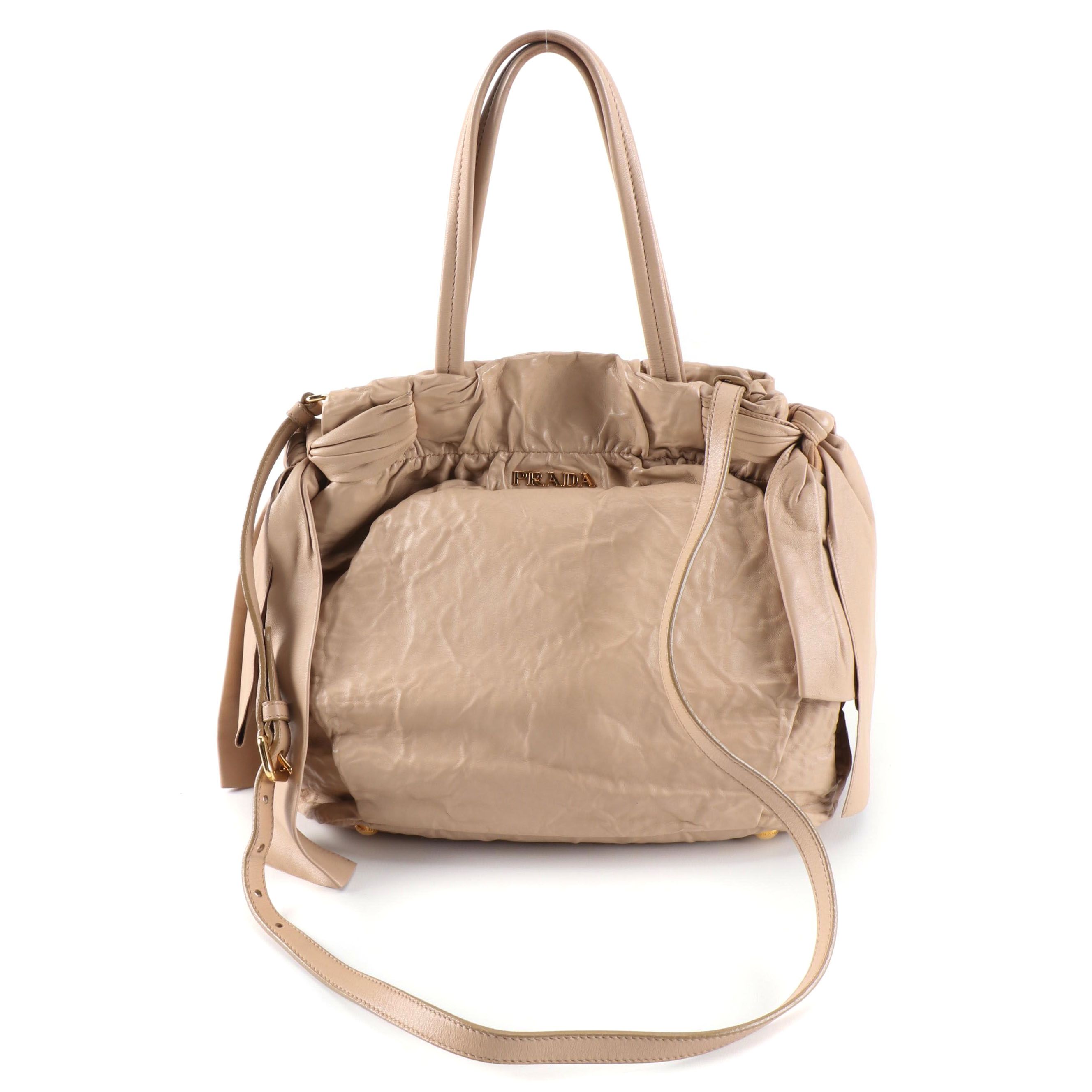 Prada Small Bow Bag in Beige Antique Nappa Leather with Shoulder Strap