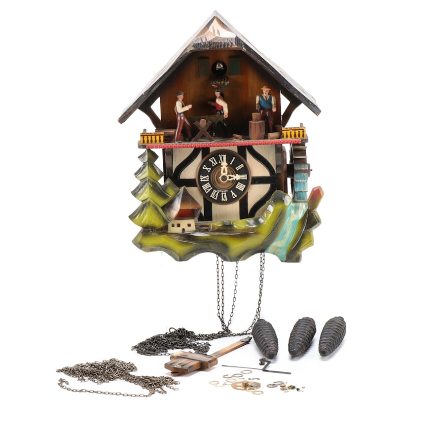 Hand Carved and Polychrome-Decorated German Cuckoo Clock