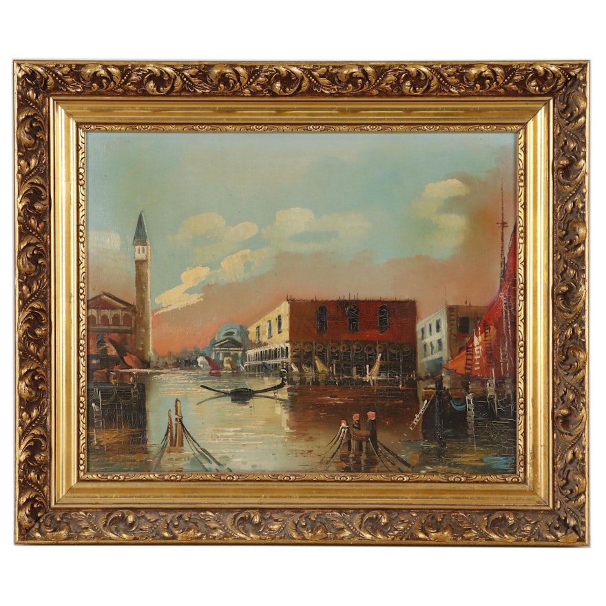 European Canal Scene Oil Painting, Mid-20th Century