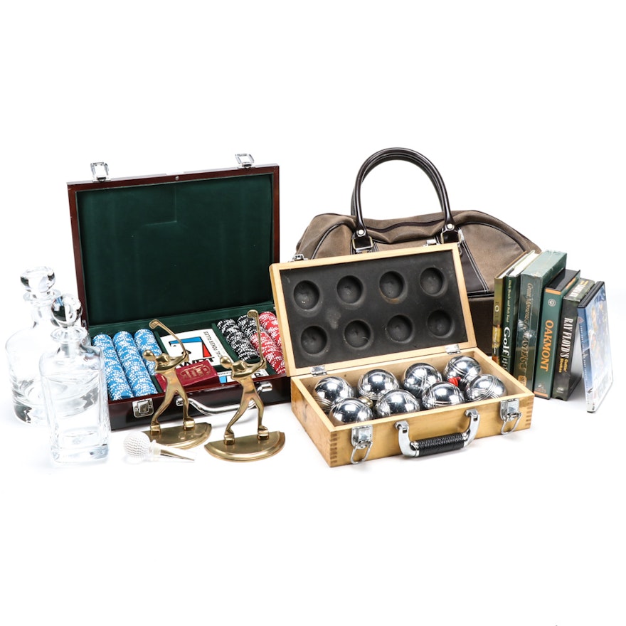 Chrome Bocce Ball Set, Poker Chips with Case, Golf Decanters and Assortment