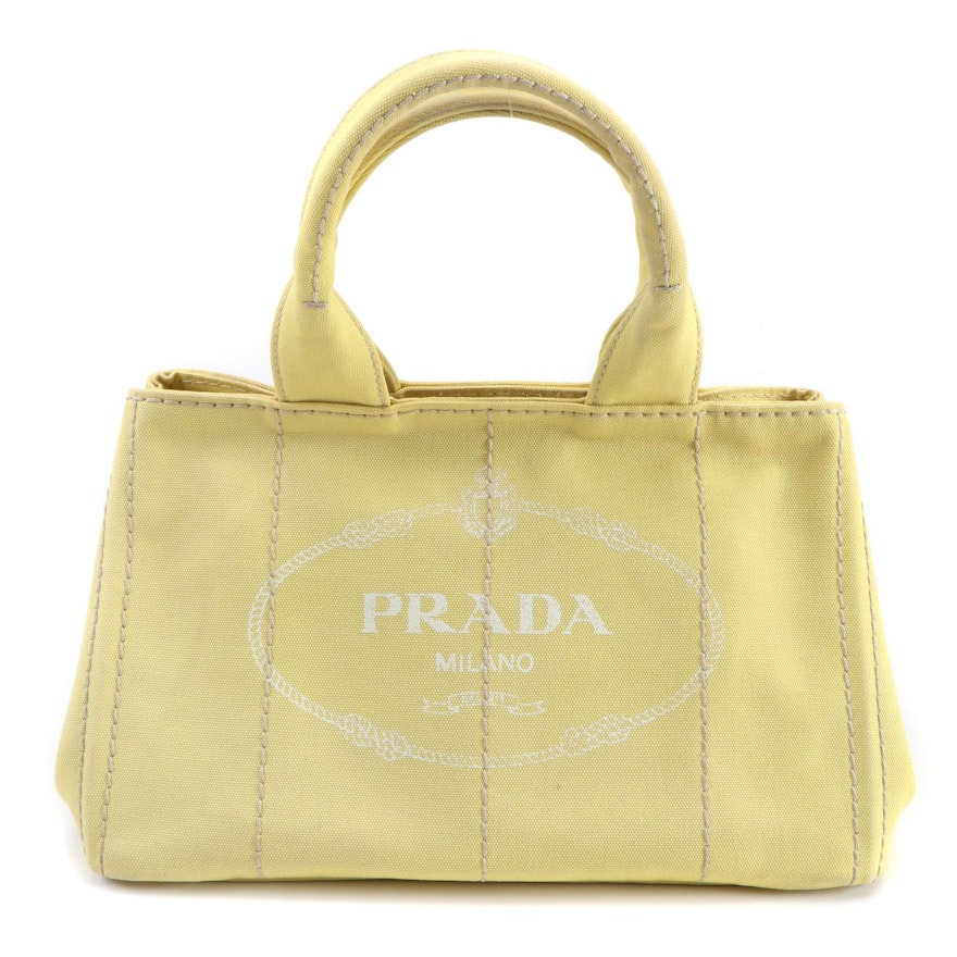 Prada Yellow Canapa Canvas Satchel with Contrast Stitching