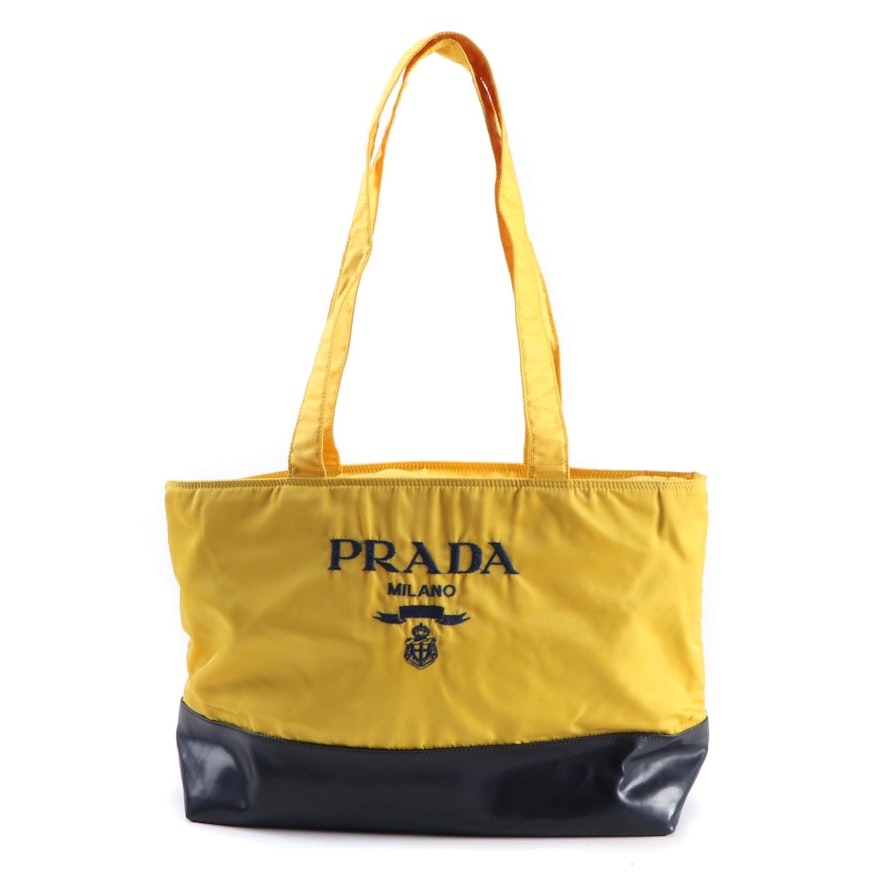 Prada Milano Yellow Nylon and Navy Leather Tote