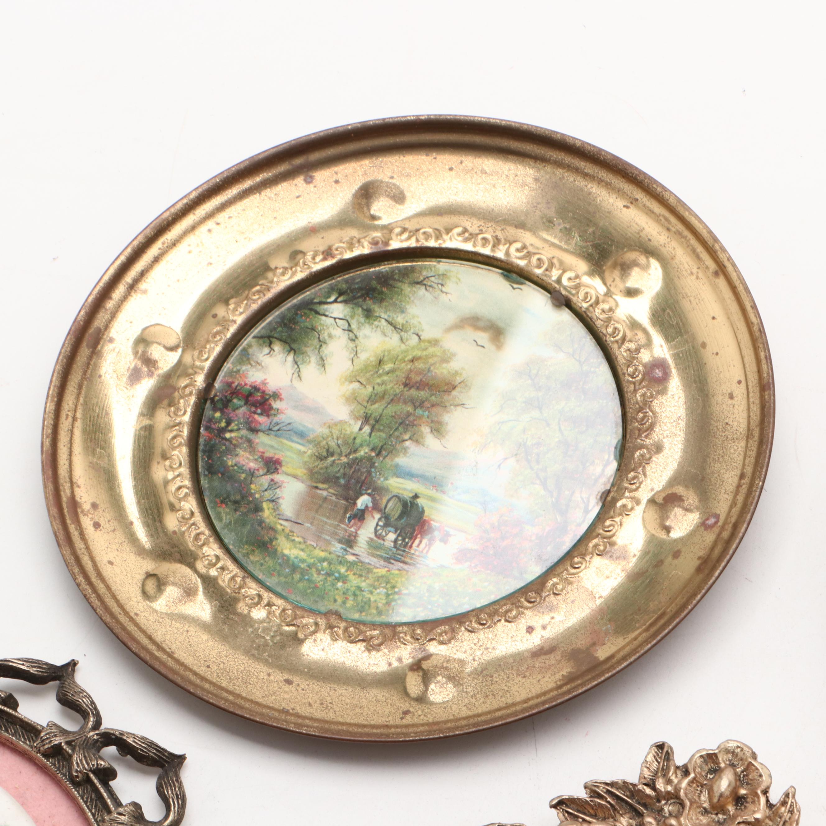 Brass and Metal Decor Including Wall Hooks and Picture Frames