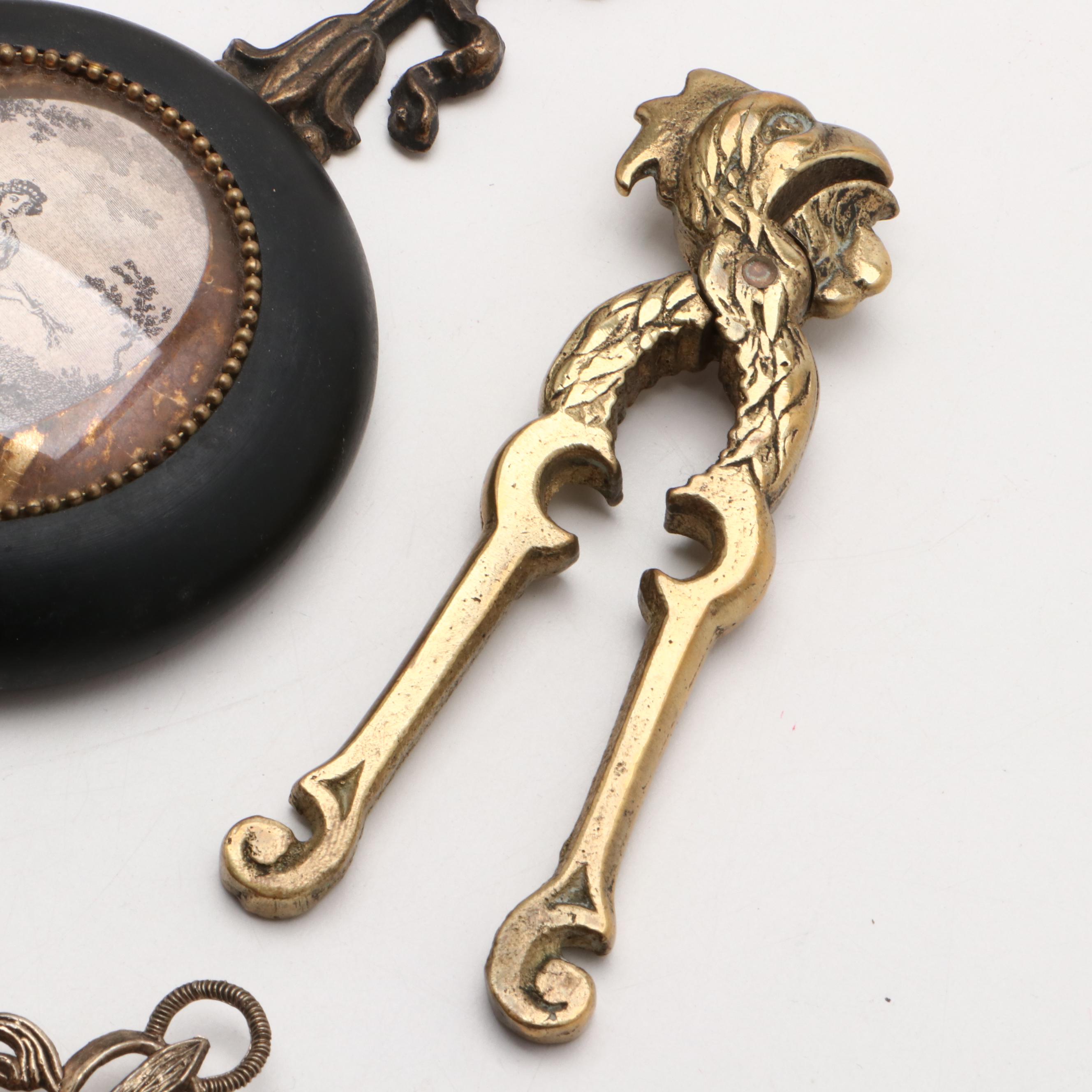 Brass and Metal Decor Including Wall Hooks and Picture Frames