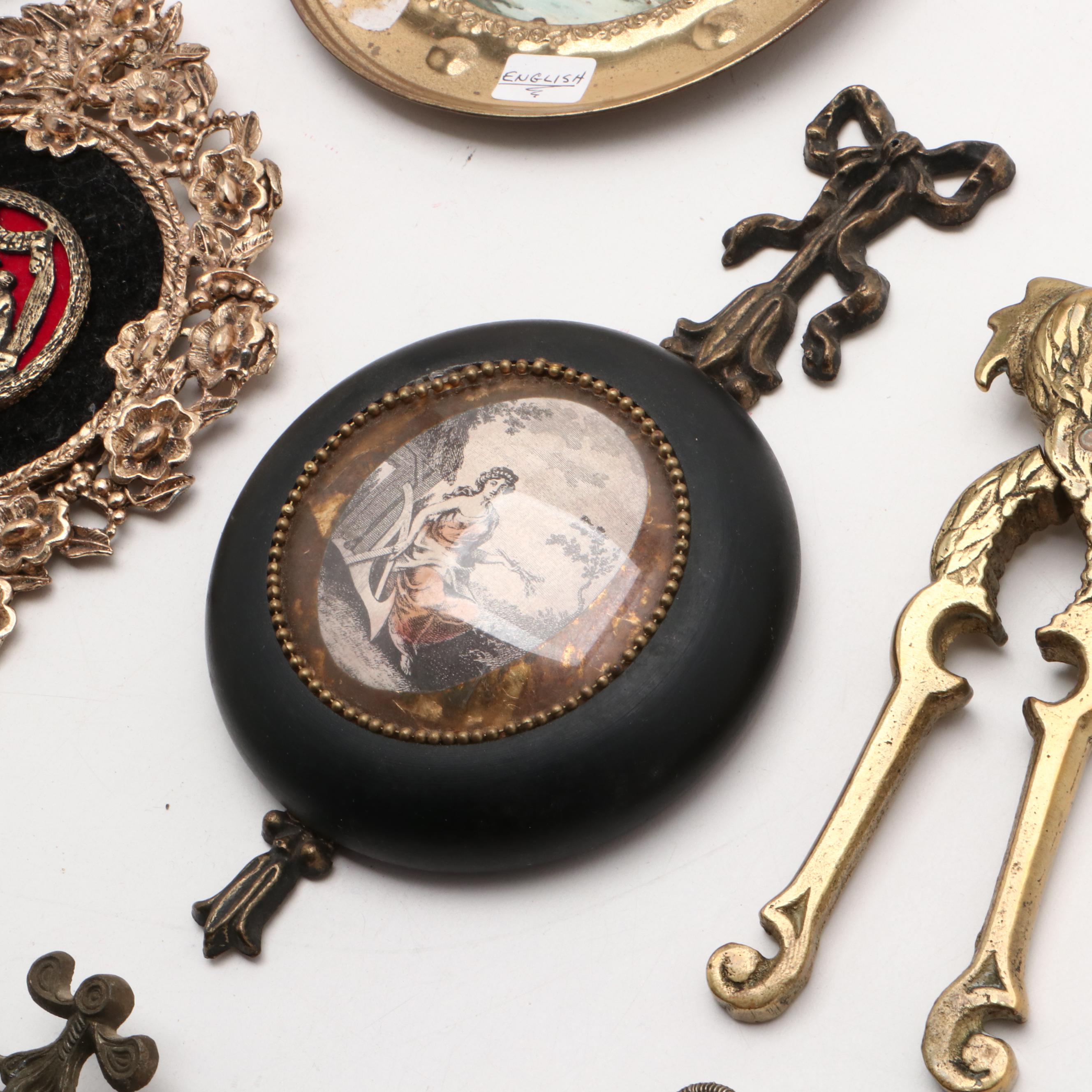 Brass and Metal Decor Including Wall Hooks and Picture Frames