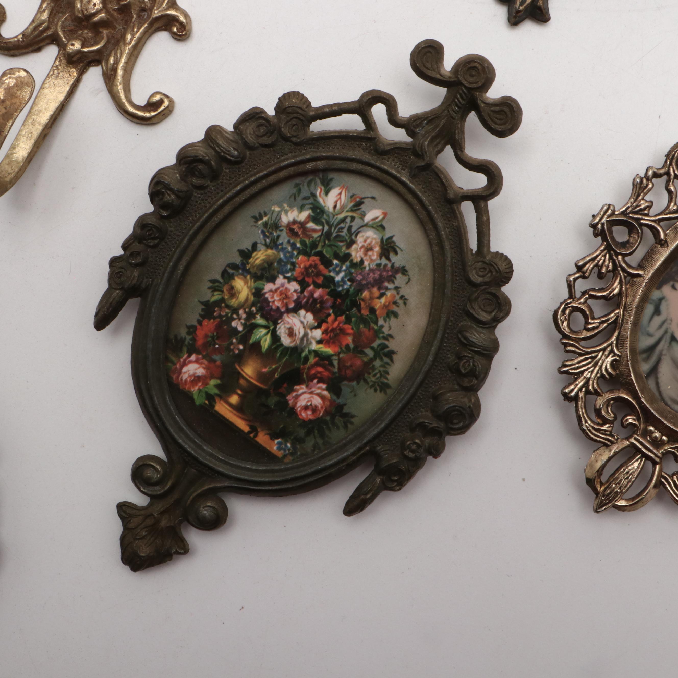 Brass and Metal Decor Including Wall Hooks and Picture Frames