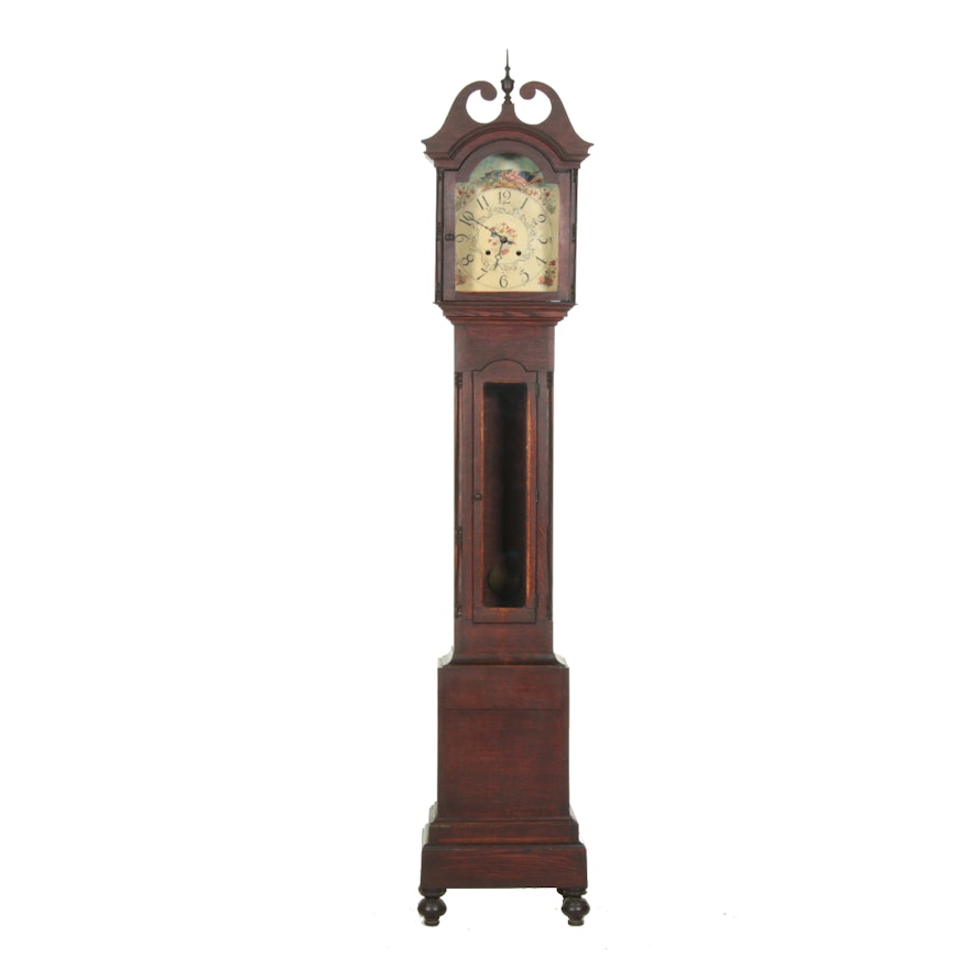 Oak Grandfather Clock with Painted Face, 19th Century