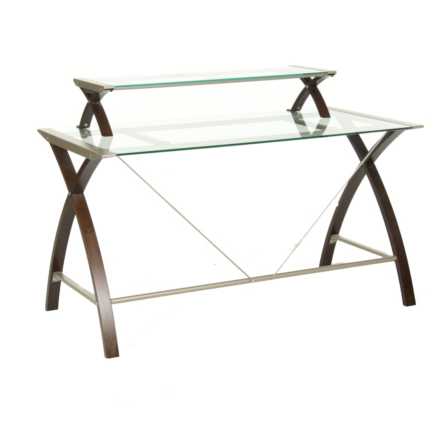 Modernist Style Bentwood, Metal, and Glass Two-Tier Desk