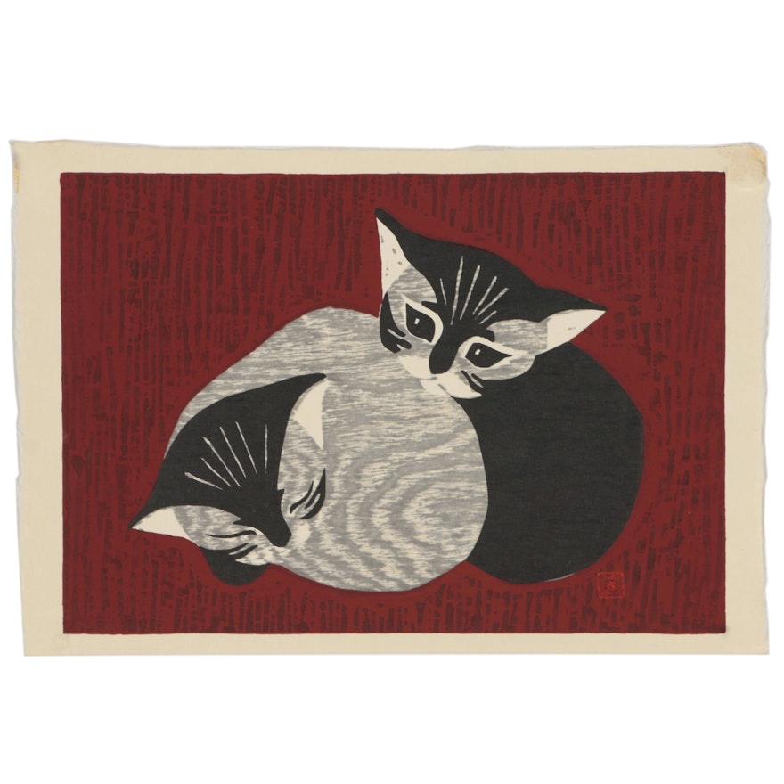 Kaoru Kawano Woodblock "Two Kittens", Mid 20th Century