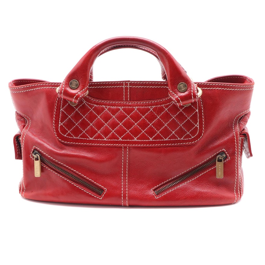 Celine Red Leather Boogie Bag with Contrast Stitching