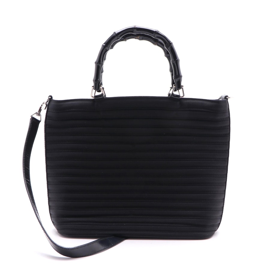 Gucci Black Pleated Bamboo Handle Two Way Handbag, Vintage