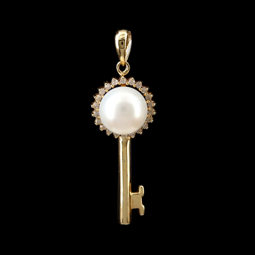 14K Yellow Gold Pearl and Diamond Pendant