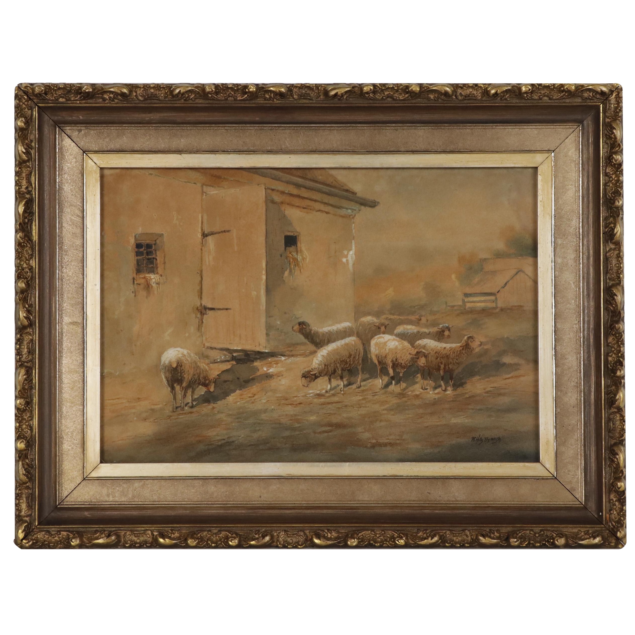 R. Hills Bemish Watercolor Painting of Sheep, Early 20th Century