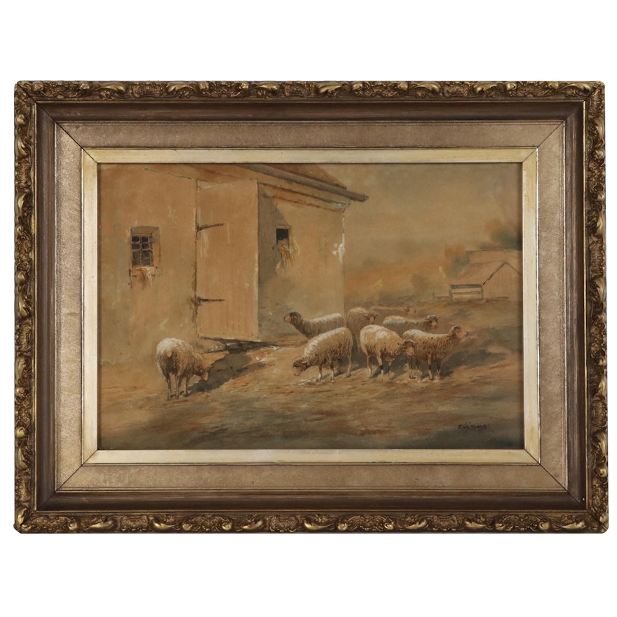 R. Hills Bemish Watercolor Painting of Sheep, Early 20th Century