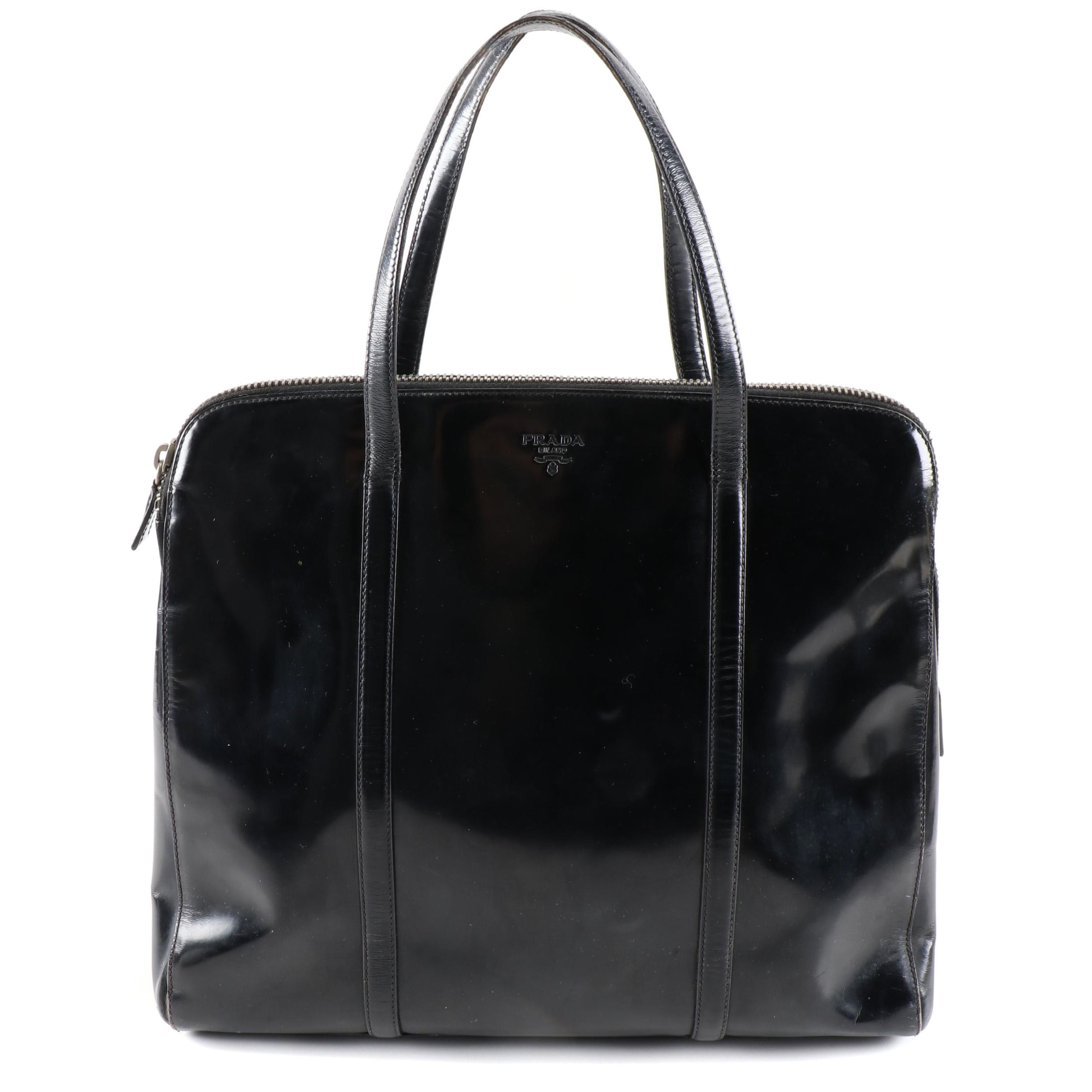 Prada Glazed Black Leather Top Handle Bag